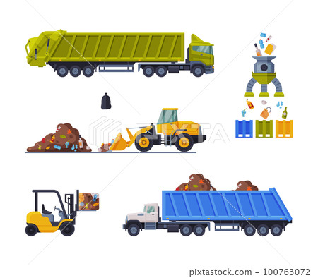 Waste Management or Garbage Processing with Machine Engaged in Trash Treatment Vector Set 100763072