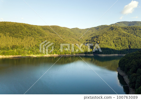Aerial view of big lake with clear blue water between high mountain hills covered with dense evergreen forest. 100763089