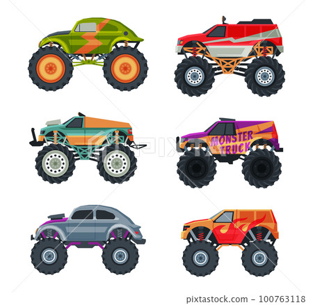Monster Truck with Four-wheel Steering and Oversized Tires for Competition and Entertainment Vector Set Monster Truck with Four-wheel Steering and Oversized Tires for Competition and Entertainment Vector Set 100763118