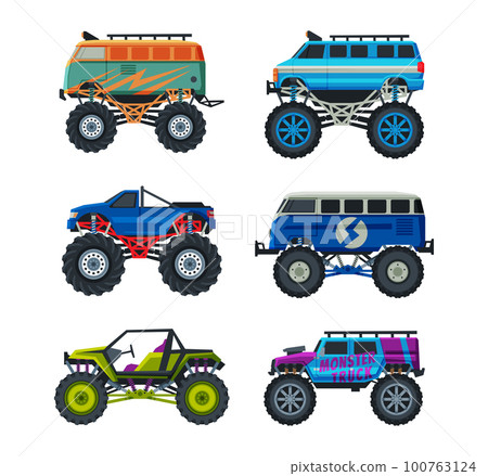 Monster Truck with Four-wheel Steering and Oversized Tires for Competition and Entertainment Vector Set Monster Truck with Four-wheel Steering and Oversized Tires for Competition and Entertainment Vector Set 100763124