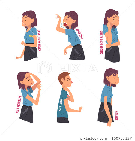 Man and Woman Having Cold or Flu Symptom Vector Set Man and Woman Having Cold or Flu Symptom Vector Set 100763137