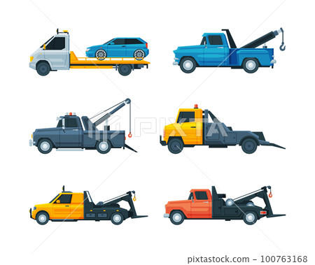 Tow Truck or Wrecker Moving Disabled or Impounded Motor Vehicle Vector Set 100763168