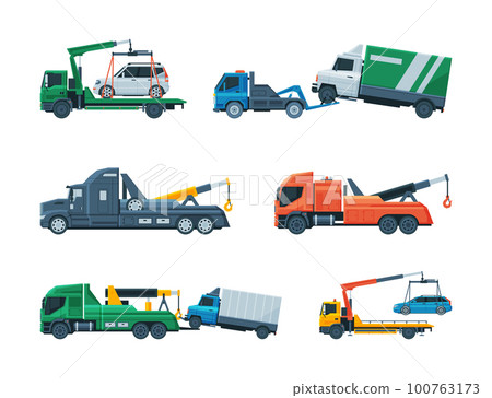 Tow Truck or Wrecker Moving Disabled or Impounded Motor Vehicle Vector Set Tow Truck or Wrecker Moving Disabled or Impounded Motor Vehicle Vector Set 100763173