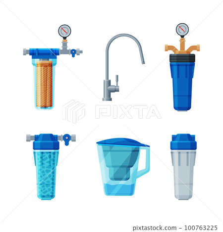 Water Filter System with Cartridge and Pitcher for Drinking Water Vector Set 100763225