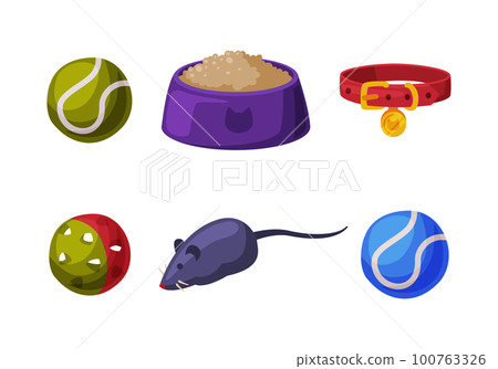Pet Shop Accessory with Ball, Mouse, Feed Bowl and Collar Vector Set 100763326