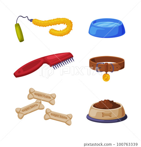 Pet Shop Accessory with Toy, Comb, Bone, Feed Bowl and Collar Vector Set Pet Shop Accessory with Toy, Comb, Bone, Feed Bowl and Collar Vector Set 100763339