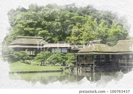 水彩畫風格的彥根城、元宮樂樂園、元宮庭園、臨近閣和寶生台,滋賀縣彥根市 水彩畫風格的彥根城、元宮樂樂園、元宮庭園、臨近閣和寶生台,滋賀縣彥根市 100763437