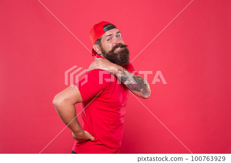 Guy feel pain in back. Healthcare and injuries concept. Sedentary lifestyle. Exercises for back. My back hurts. Man painful face touches lower back. Trauma and treatment. Problems with health 100763929