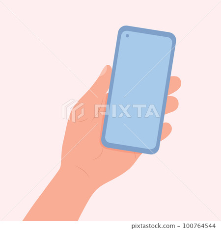 Hand holding smartphone with blank screen. Flat design in pastel colors. 100764544