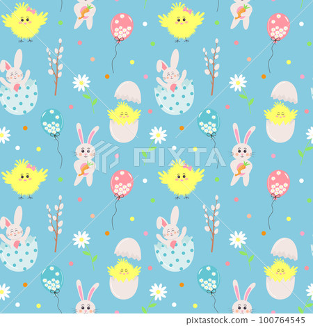 Seamless pattern with Easter bunnies, chicks, cracked eggs, willow, daisies and balloons on blue background. 100764545