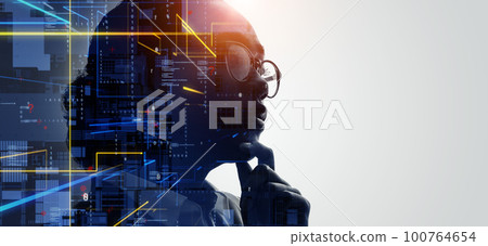 Image of a woman's profile and thought process Horizontal visual for banners and advertisements 100764654