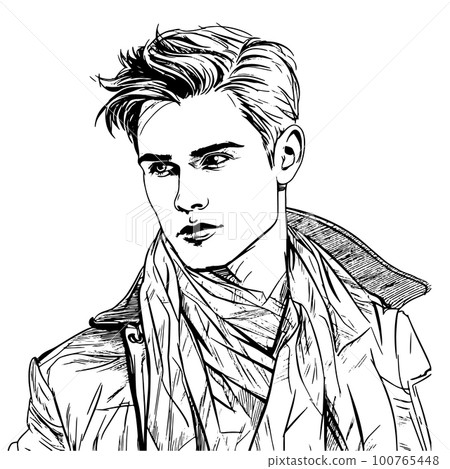 Stylish handsome man in fashion clothes. Fashion man. Hand drawn male model. 100765448