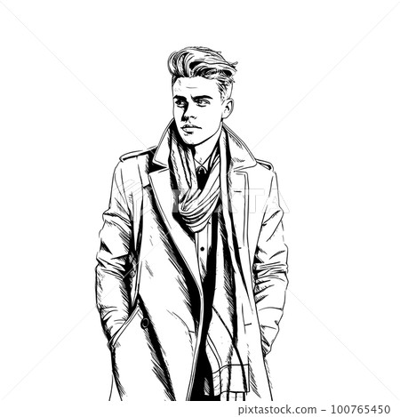 Stylish handsome man in fashion clothes. Fashion man. Hand drawn male model. 100765450