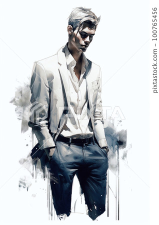 Stylish handsome man in fashion clothes. Fashion man. Hand drawn male model. 100765456