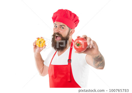 Eat fresh tomato. Pick one. Healthy cooking concept. Man with beard on white background. Chef holds tomatoes. Cook in uniform holds vegetables. Tomato sauce recipe. Ripe tomato for delicious meal Eat fresh tomato. Pick one. Healthy cooking concept. Man with beard on white background. Chef holds tomatoes. Cook in uniform holds vegetables. Tomato sauce recipe. Ripe tomato for delicious meal 100765783