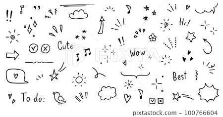 Doodle cute glitter pen line elements. Doodle heart, arrow, star, sparkle decoration symbol set icon. Simple sketch line style emphasis, attention, pattern elements. Vector 100766604