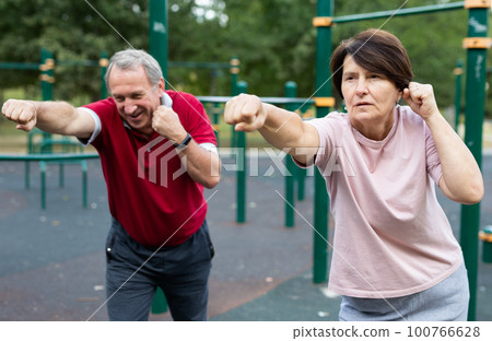 Sports pensioners are engaged in martial art on the sports ground in open air 100766628