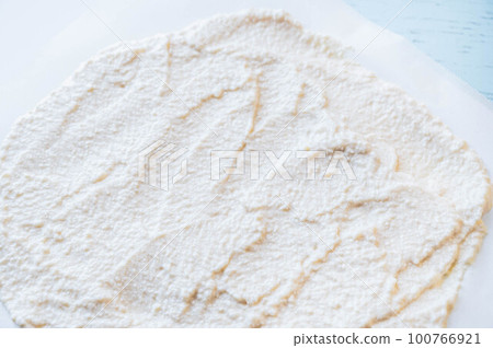 Tofu dip spread on a cookie sheet Tofu dip spread on a cookie sheet 100766921