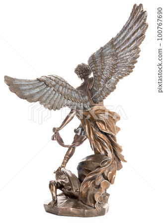 Archangel Michael bronze statue isolated on white background. Vertical shot. Back view. Archangel Michael bronze statue isolated on white background. Vertical shot. Back view. 100767690