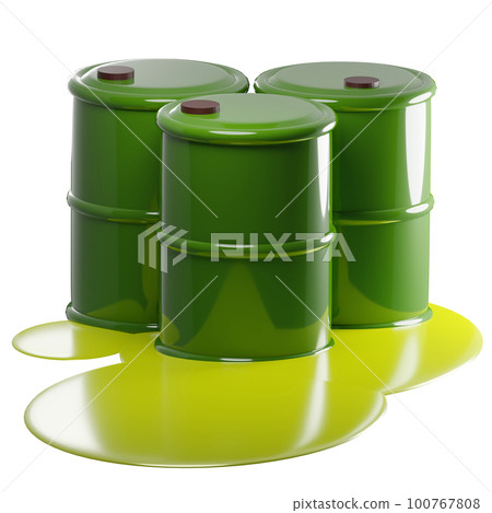 3D rendering of green metal barrels with leaking radioactive liquid. Pollution of environment with waste of chemical industry. Realistic PNG illustration isolated on transparent background 100767808
