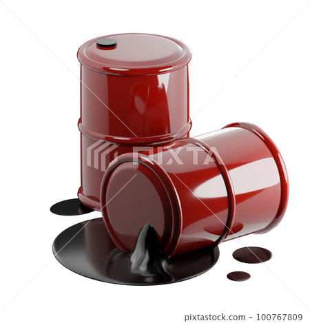 3D rendering of isometric red metal barrels with oil products. Pollution of environment with waste of oil refining and chemical industry. Realistic PNG illustration isolated on transparent background 100767809
