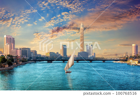 View on Cairo downtown on Gezira island in the Nile with the Tower and hotels, Egypt View on Cairo downtown on Gezira island in the Nile with the Tower and hotels, Egypt 100768516
