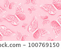 Trendy color of the year 2023. Festive background made with tracery illuminating butterflies and with shiny confetti toned in viva magenta color. Top view Template for your design 100769150