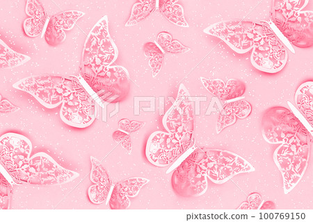Trendy color of the year 2023. Festive background made with tracery illuminating butterflies and with shiny confetti toned in viva magenta color. Top view Template for your design Trendy color of the year 2023. Festive background made with tracery illuminating butterflies and with shiny confetti toned in viva magenta color. Top view Template for your design 100769150