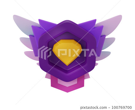 3D game badge render, UI cartoon level up fantasy RPG insignia icon, rank jewel hexagon medal. 3D game badge render, UI cartoon level up fantasy RPG insignia icon, rank jewel hexagon medal. 100769700