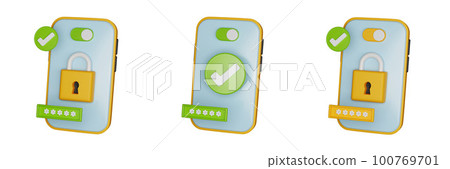 3D phone secure fraud protect icon set, cyber privacy personal concept render, safety VPN pin code. 3D phone secure fraud protect icon set, cyber privacy personal concept render, safety VPN pin code. 100769701