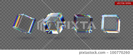 Set of 3d transparent glossy cubes with dispersion effect. Rainbow colors reflection glass. Vector illustration. 100770260