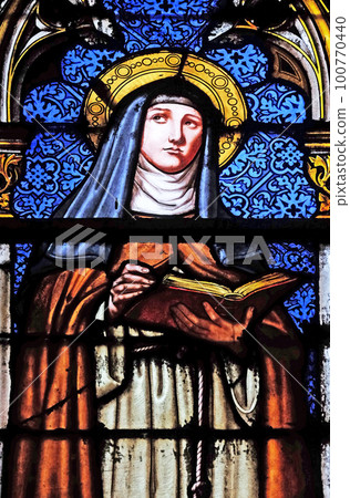 Saint Monegundis, stained glass window in the Basilica of Saint Clotilde in Paris, France 100770440