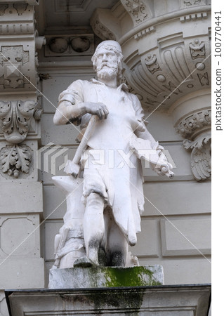Statue of Industry, allegorical representation, detail of Rathaus Town Hall, Graz, Styria, Austria 100770441