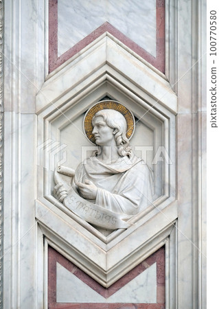 Saint Matthias, relief on the facade of Basilica di Santa Croce (Basilica of the Holy Cross) - famous Franciscan church in Florence, Italy Saint Matthias, relief on the facade of Basilica di Santa Croce (Basilica of the Holy Cross) - famous Franciscan church in Florence, Italy 100770580