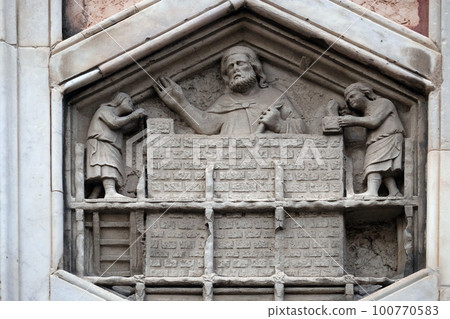 Allegory of the art of building from the workshop of Andrea Pisano, Relief on Giotto Campanile of Cattedrale di Santa Maria del Fiore (Cathedral of Saint Mary of the Flower), Florence, Italy Allegory of the art of building from the workshop of Andrea Pisano, Relief on Giotto Campanile of Cattedrale di Santa Maria del Fiore (Cathedral of Saint Mary of the Flower), Florence, Italy 100770583