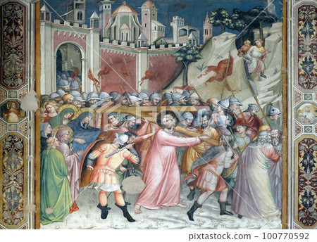 Ascent to Calvary fresco, perhaps by Spinello Aretino, Sacristy in Basilica di Santa Croce (Basilica of the Holy Cross) - famous Franciscan church in Florence, Italy 100770592
