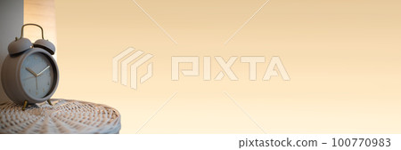 Panoramic frame for evening bedroom decor with bedside lamp and analog alarm clock. 100770983