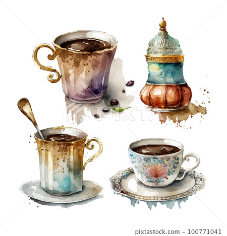 Coffee in traditional Turkish mugs set Watercolor 100771041