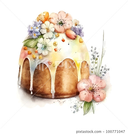 Easter kulich cake hand-drawn watercolor. Vectorized watercolor drawing. Easter kulich cake hand-drawn watercolor. Vectorized watercolor drawing. 100771047