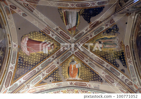 Doctors of the church, fresco by Agnolo Gaddi, Castellani chapel in Basilica di Santa Croce (Basilica of the Holy Cross) - famous Franciscan church in Florence, Italy Doctors of the church, fresco by Agnolo Gaddi, Castellani chapel in Basilica di Santa Croce (Basilica of the Holy Cross) - famous Franciscan church in Florence, Italy 100771052