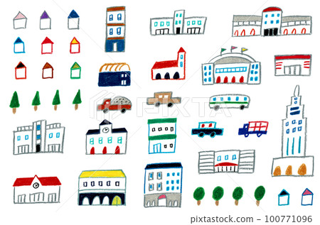 Set of buildings and vehicles 100771096