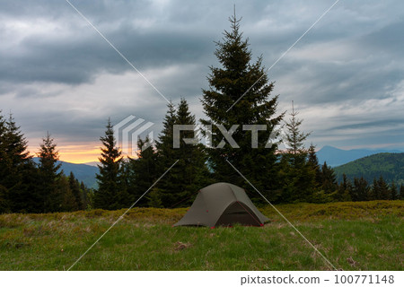 Tent on mountain col in grass in the morning. On background  Mala Fatra mountains, Slovakia. 100771148