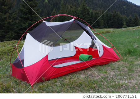 Open inner tent body without rainfly,  in the morning in mountain pass in Mala Fatra mountains, Slovakia 100771151