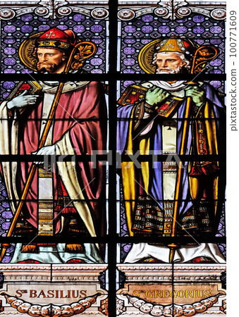 Saint Basil and Saint Gregory, stained glass window in the Saint Augustine church in Paris, France Saint Basil and Saint Gregory, stained glass window in the Saint Augustine church in Paris, France 100771609