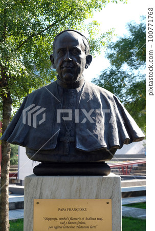 Pope Francis statue in the center of Tirana, Albania 100771768