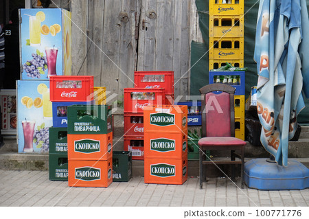 Empty beer and soft drink crates outside a bar in Ohrid, Macedonia 100771776