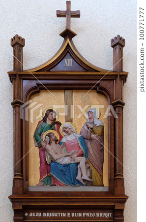 13th Stations of the Cross, Jesus' body is removed from the cross, Mother Teresa cathedral in Vau i Dejes, Albania 100771777