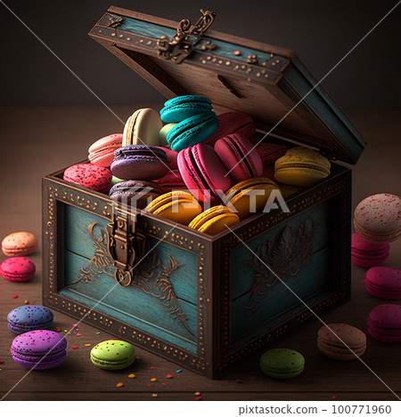 Cakes macaron or macaroon in wooden vintage box on rustic table, colorful bright cookies. Cakes macaron or macaroon in wooden vintage box on rustic table, colorful bright cookies. 100771960