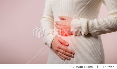 Picture of young woman have menstruation stomach ache pain problem. Abdominal belly disease in female person. Healthcare world health day concept. 100772667
