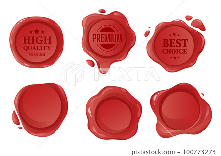 Wax seal set graphic elements in flat design. Bundle of red round shapes decorative seals with empty space or inscriptions, postage and mail sealing stamps. Vector illustration isolated objects Wax seal set graphic elements in flat design. Bundle of red round shapes decorative seals with empty space or inscriptions, postage and mail sealing stamps. Vector illustration isolated objects 100773273